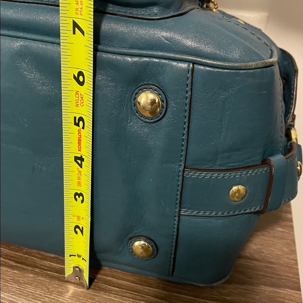 Coach Hampton Lindsay Satchel F12475 Teal Medium Size Structured Pockets Galore - Picture 11 of 16